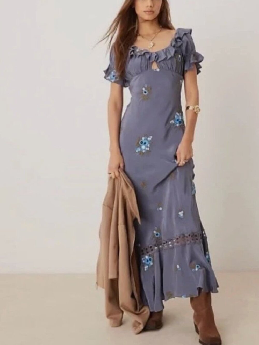FREE PEOPLE Floral Embroidered Bali Santa Cruz Cutout Maxi Dress sz XS NWT - Picture 4 of 6